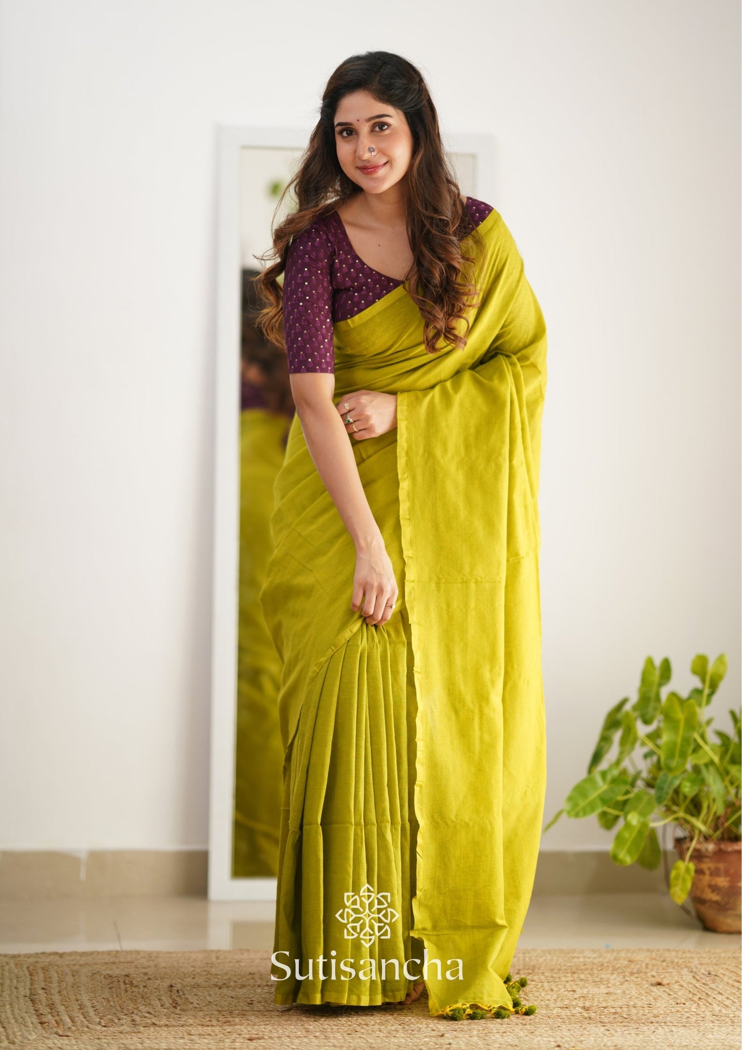 Dhiyona SS Sutisancha Lime colour Handloom Cotton Saree with Designer Blouse
