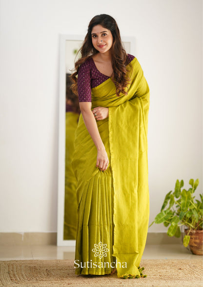 Dhiyona SS Sutisancha Lime colour Handloom Cotton Saree with Designer Blouse