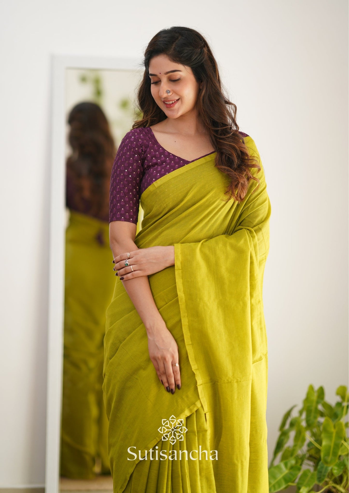 Dhiyona SS Sutisancha Lime colour Handloom Cotton Saree with Designer Blouse