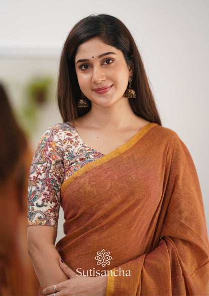 Dhiyona SS Sutisancha Rust Orange Cotton Saree Designer work Blouse