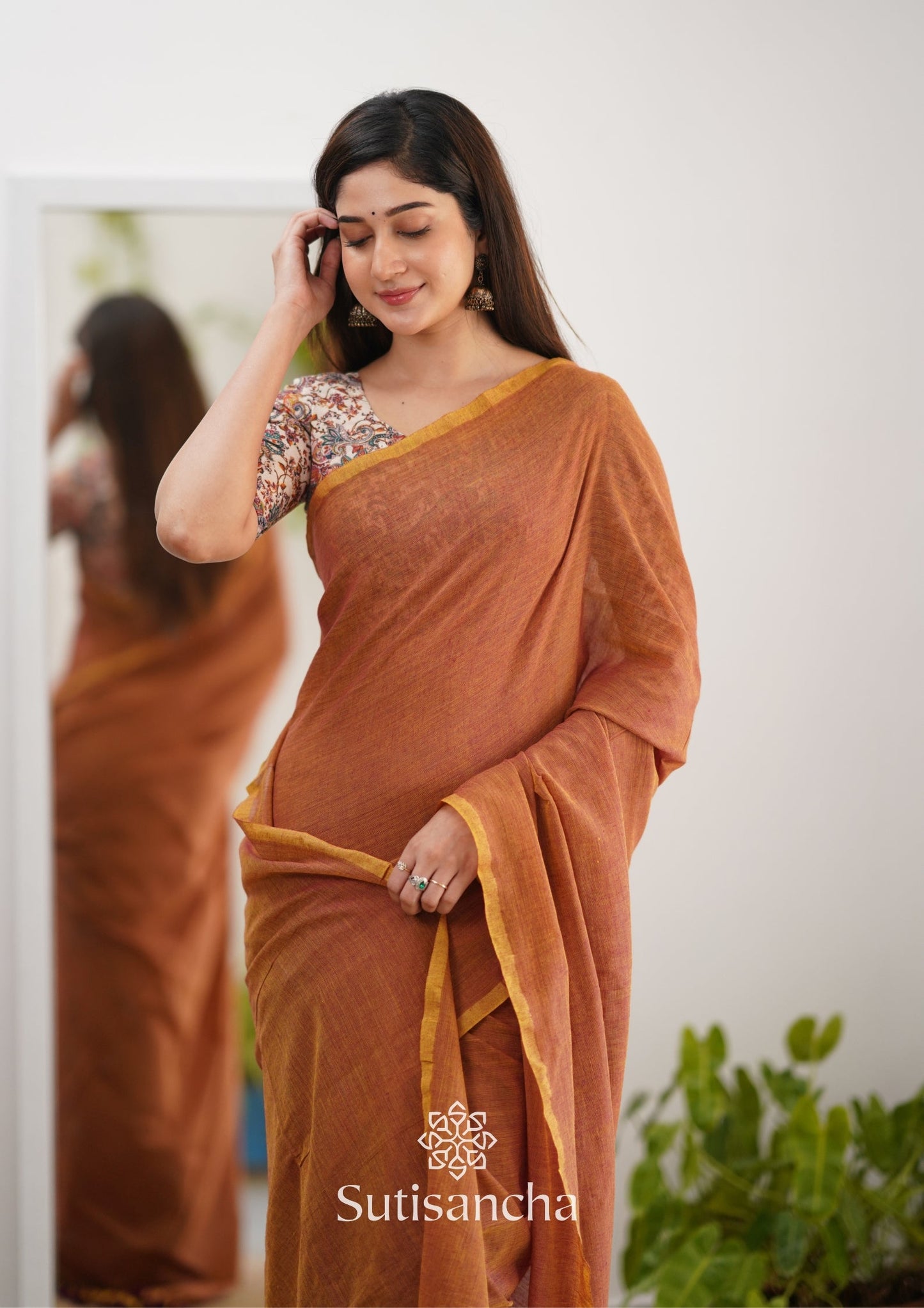 Dhiyona SS Sutisancha Rust Orange Cotton Saree Designer work Blouse