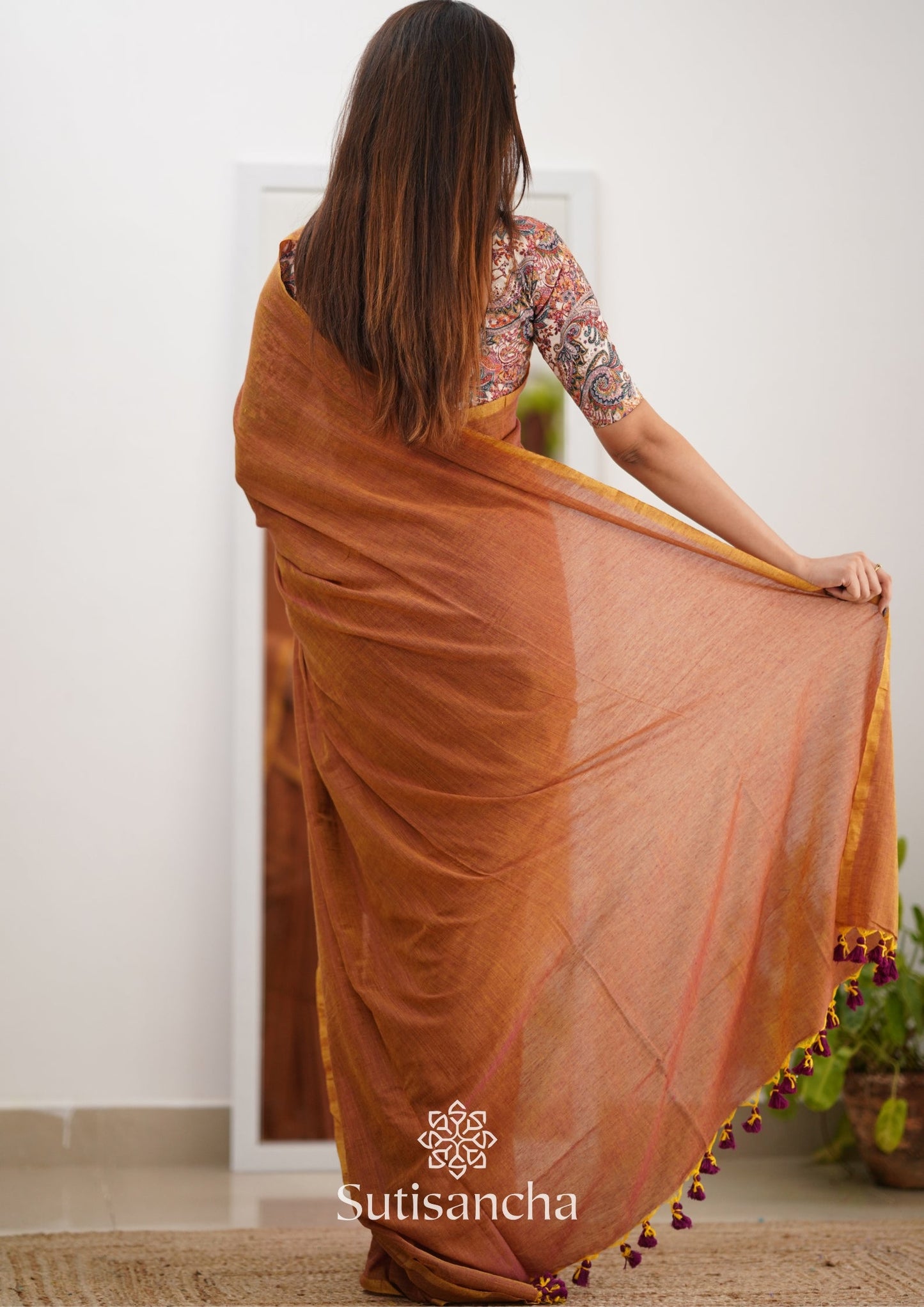 Dhiyona SS Sutisancha Rust Orange Cotton Saree Designer work Blouse
