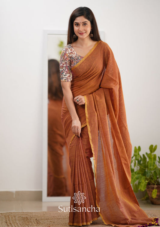 Dhiyona SS Sutisancha Rust Orange Cotton Saree Designer work Blouse