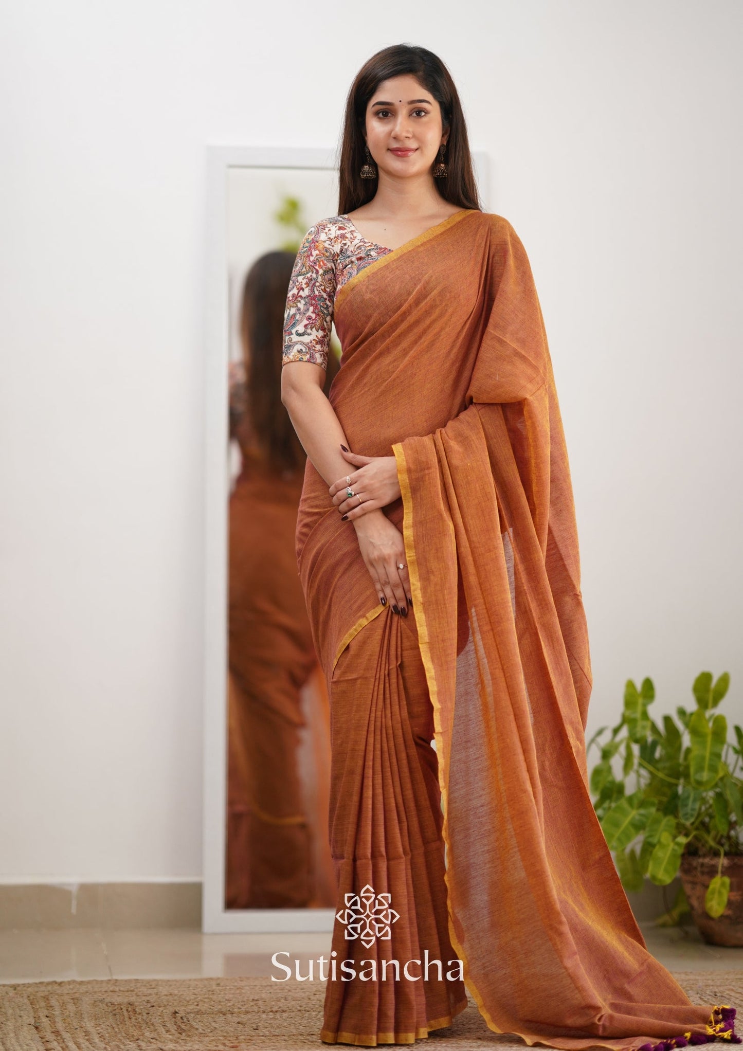 Dhiyona SS Sutisancha Rust Orange Cotton Saree Designer work Blouse