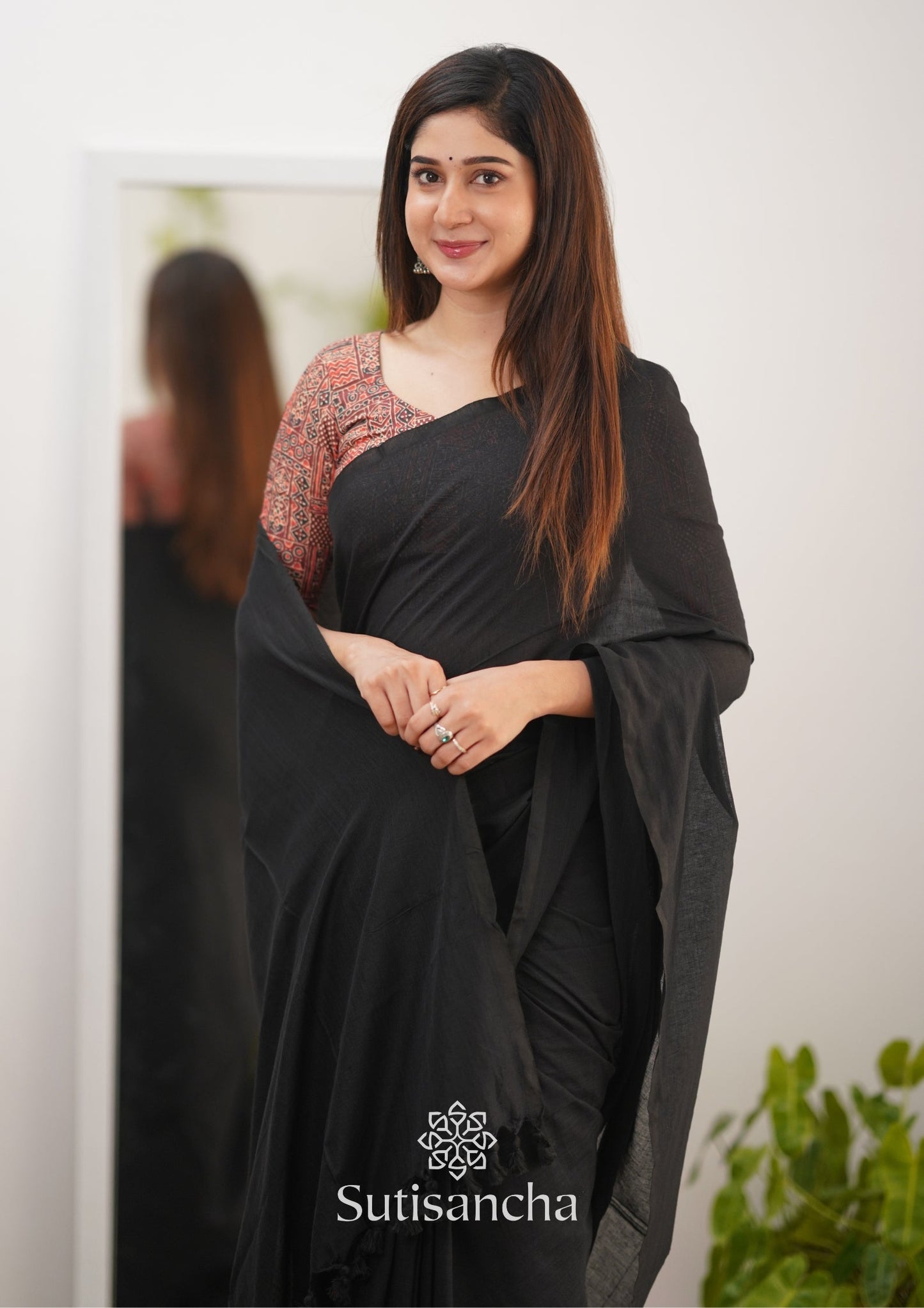 Dhiyona SS Sutisancha Black Handloom Cotton Saree With Designer Blouse