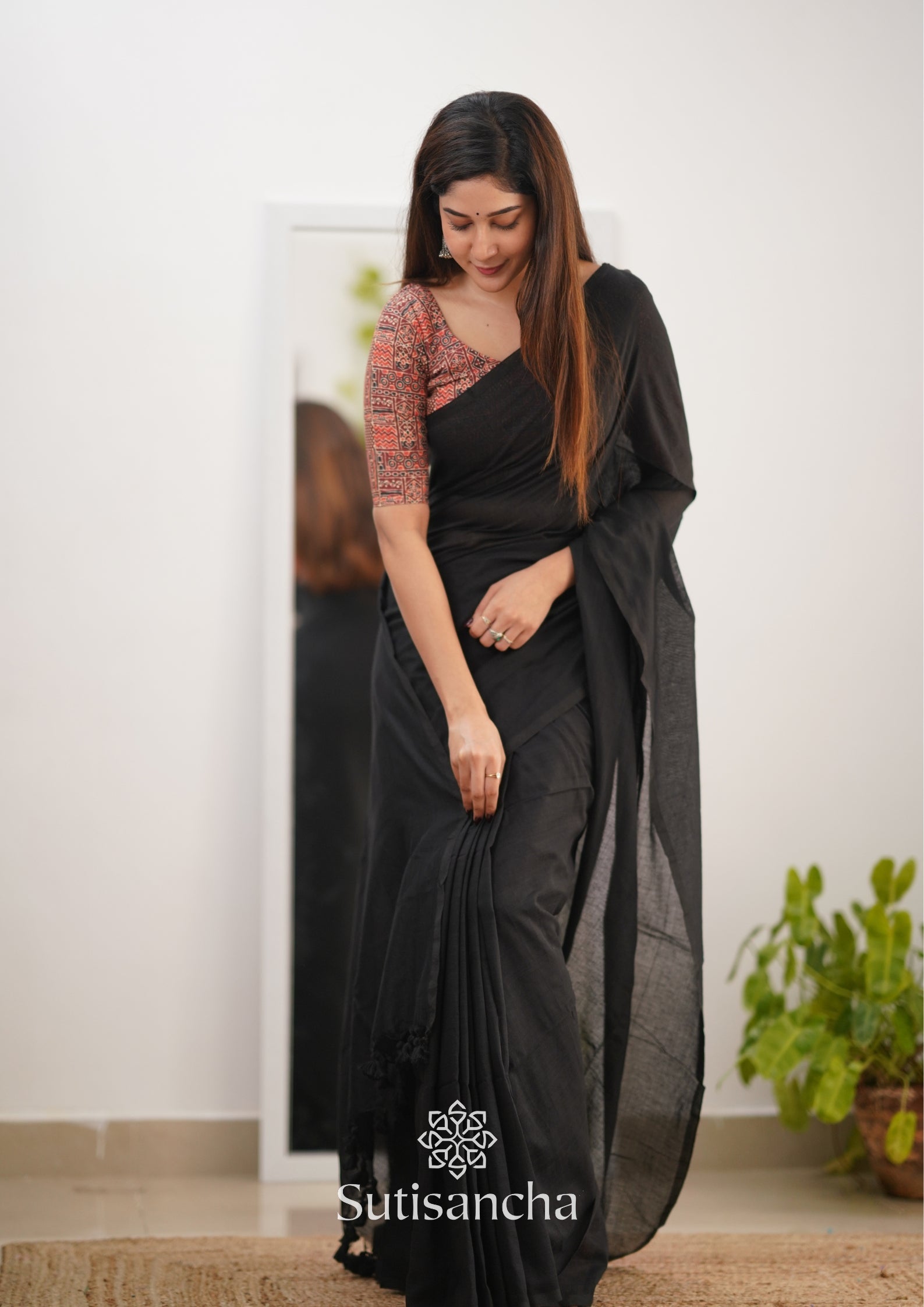 Dhiyona SS Sutisancha Black Handloom Cotton Saree With Designer Blouse