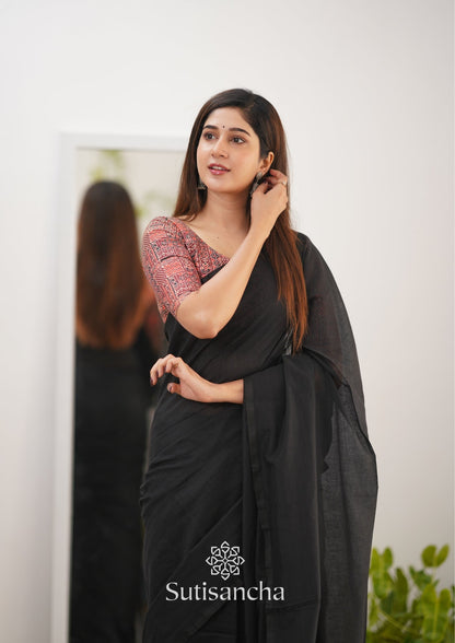 Dhiyona SS Sutisancha Black Handloom Cotton Saree With Designer Blouse