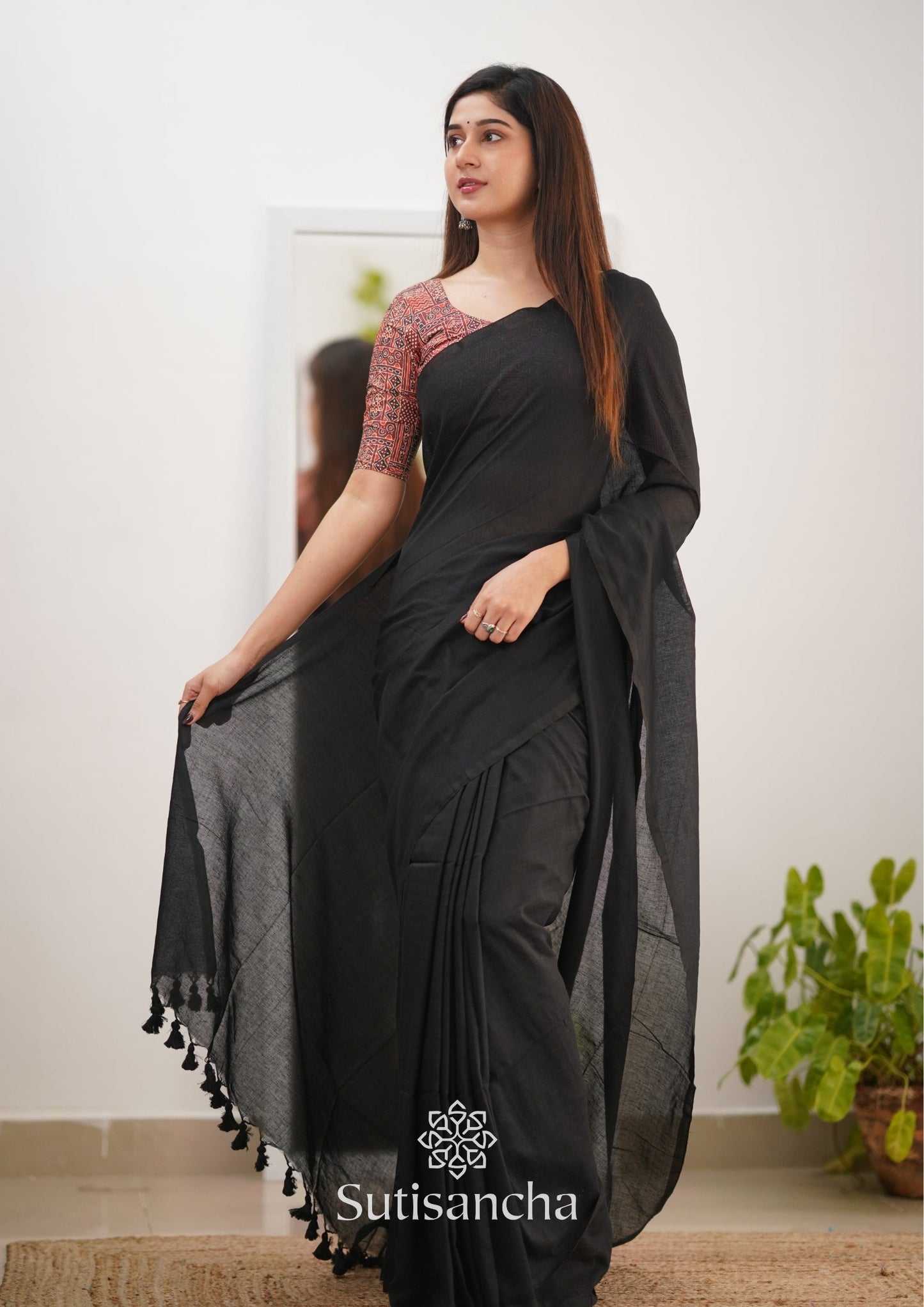 Dhiyona SS Sutisancha Black Handloom Cotton Saree With Designer Blouse