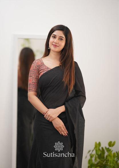 Dhiyona SS Sutisancha Black Handloom Cotton Saree With Designer Blouse