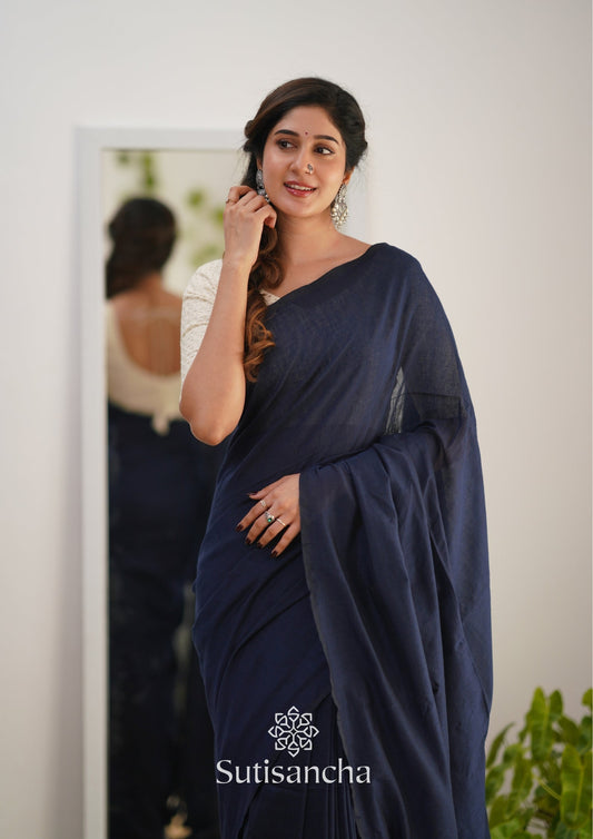 Dhiyona SS Sutisancha Navyblue Handloom Cotton Saree With Designer Blouse
