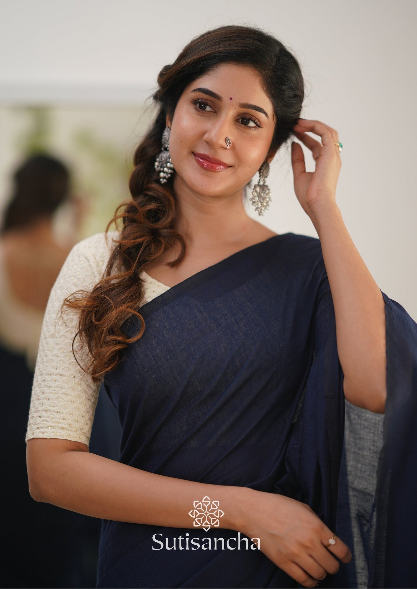Dhiyona SS Sutisancha Navyblue Handloom Cotton Saree With Designer Blouse