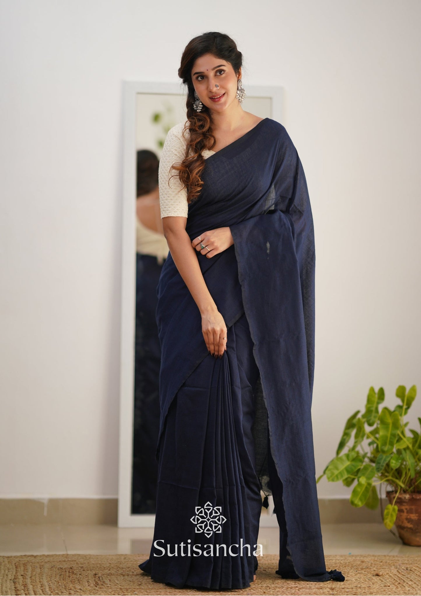 Dhiyona SS Sutisancha Navyblue Handloom Cotton Saree With Designer Blouse