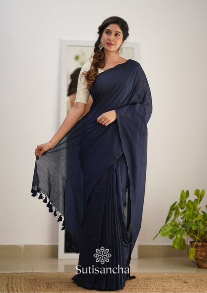 Dhiyona SS Sutisancha Navyblue Handloom Cotton Saree With Designer Blouse