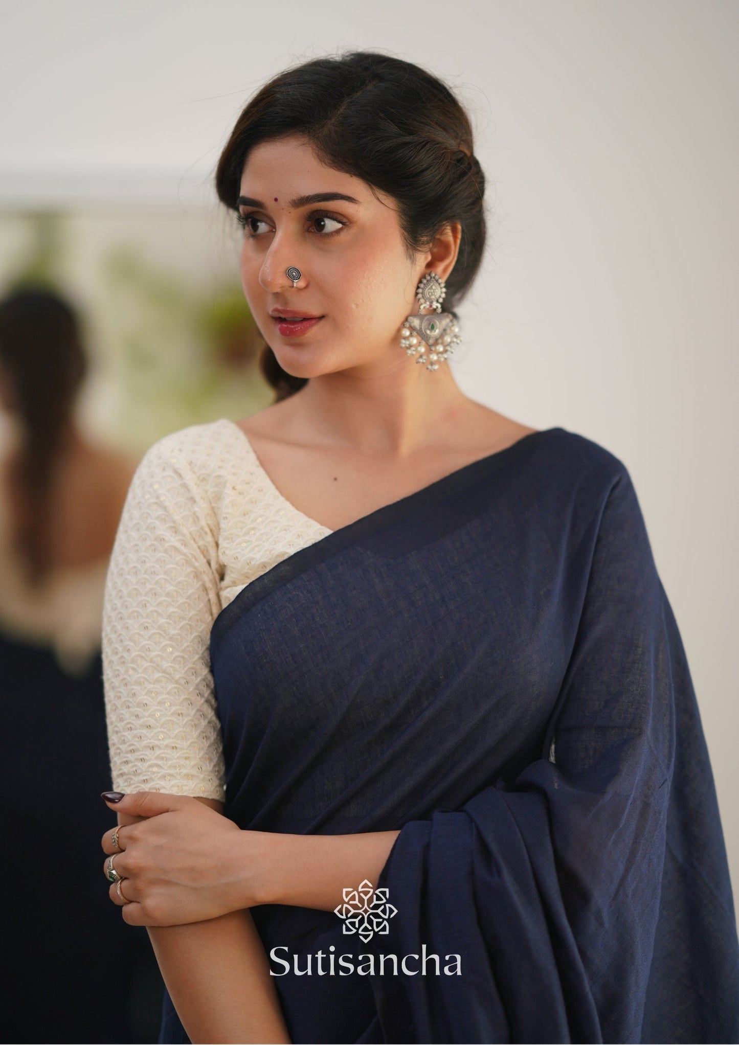 Dhiyona SS Sutisancha Navyblue Handloom Cotton Saree With Designer Blouse