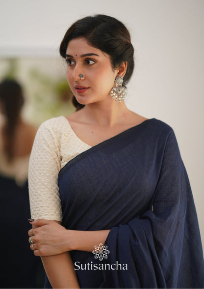 Dhiyona SS Sutisancha Navyblue Handloom Cotton Saree With Designer Blouse