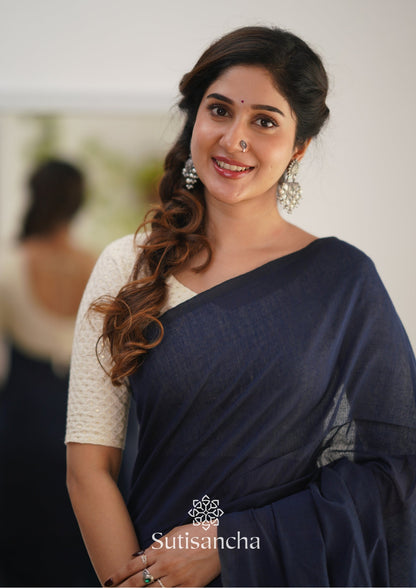 Dhiyona SS Sutisancha Navyblue Handloom Cotton Saree With Designer Blouse