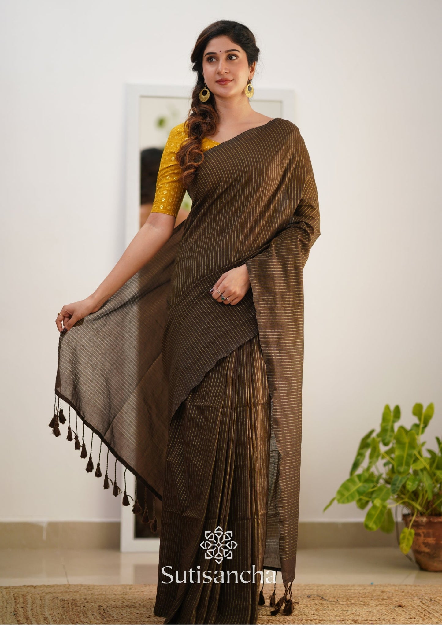 Dhiyona SS Sutisancha Brown Stripe cotton Saree designer work Blouse