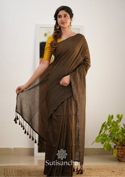 Dhiyona SS Sutisancha Brown Stripe cotton Saree designer work Blouse
