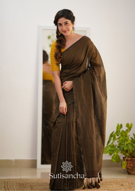 Dhiyona SS Sutisancha Brown Stripe cotton Saree designer work Blouse