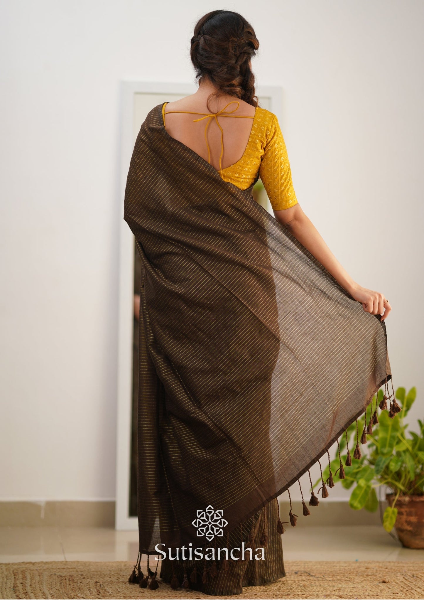 Dhiyona SS Sutisancha Brown Stripe cotton Saree designer work Blouse
