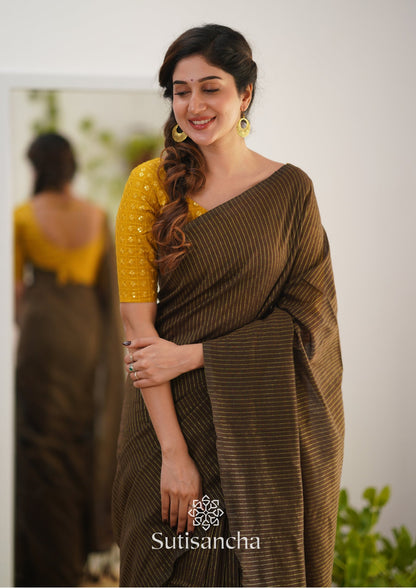 Dhiyona SS Sutisancha Brown Stripe cotton Saree designer work Blouse