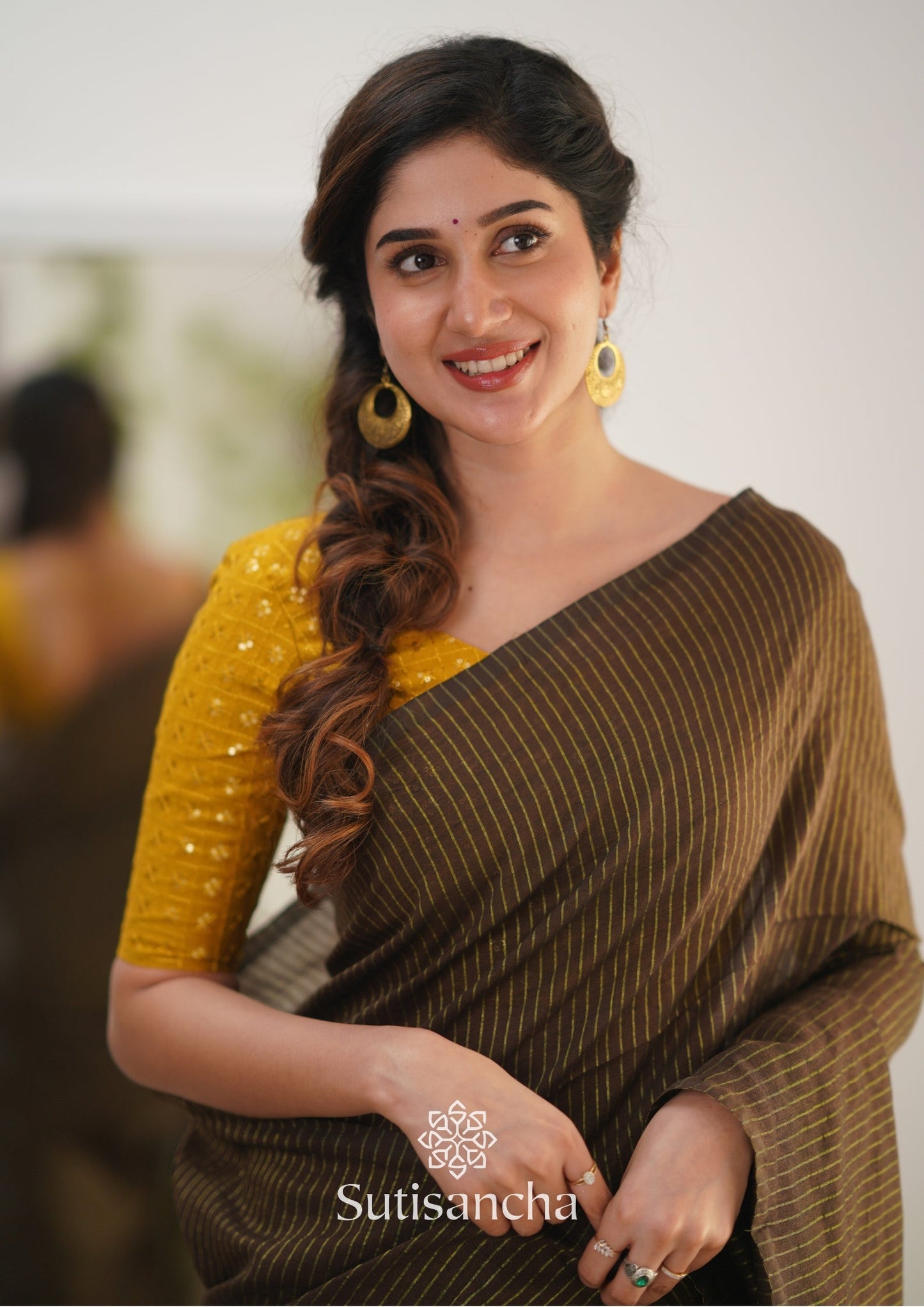 Dhiyona SS Sutisancha Brown Stripe cotton Saree designer work Blouse