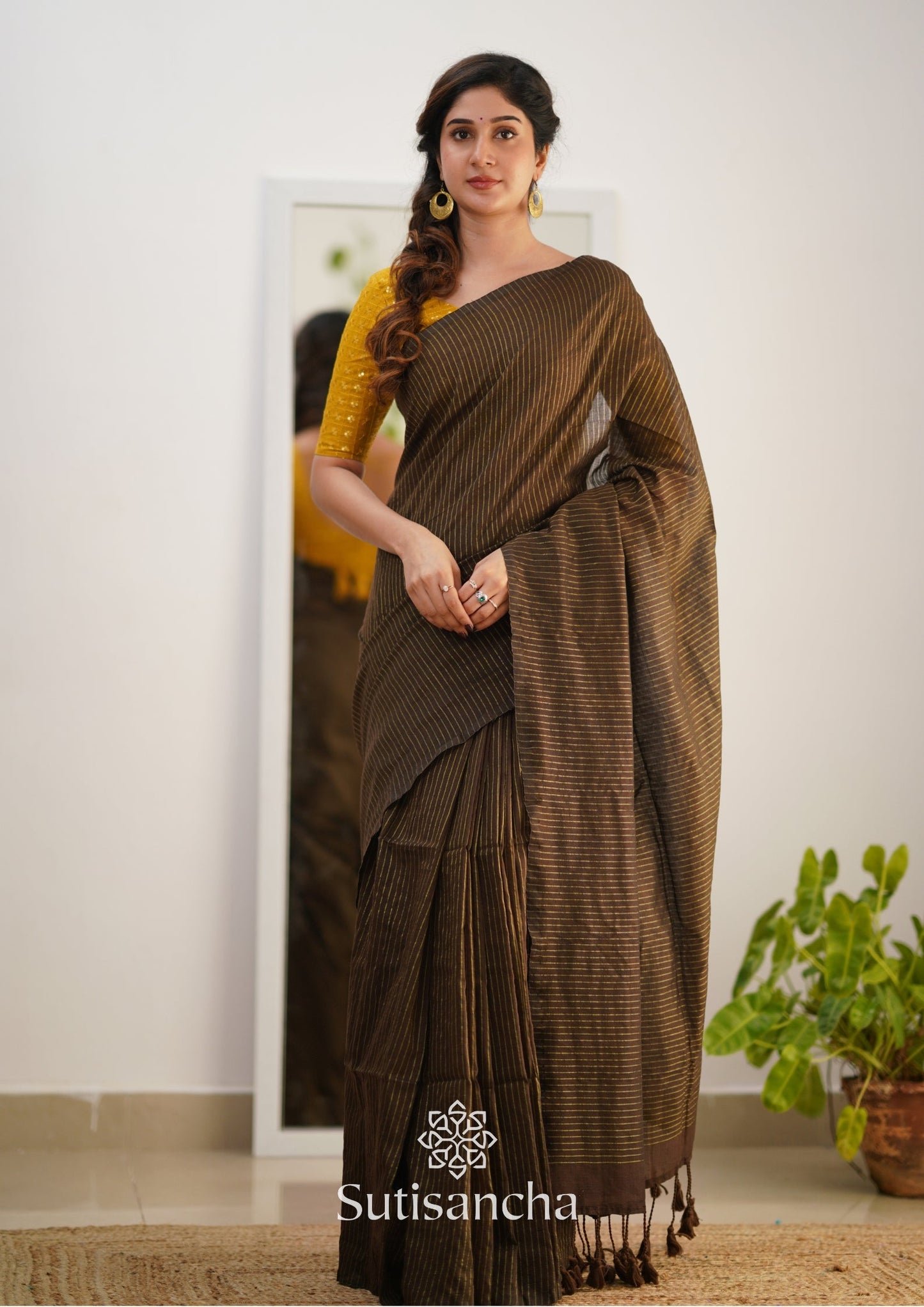 Dhiyona SS Sutisancha Brown Stripe cotton Saree designer work Blouse