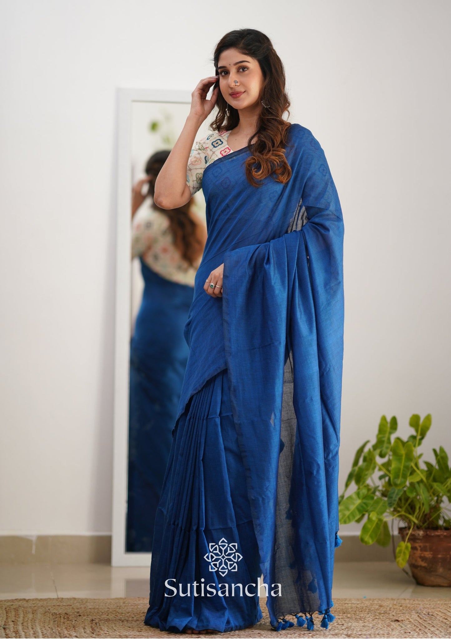 Dhiyona SS Sutisancha Indigoblue Handloom Cotton Saree with Designer Blouse