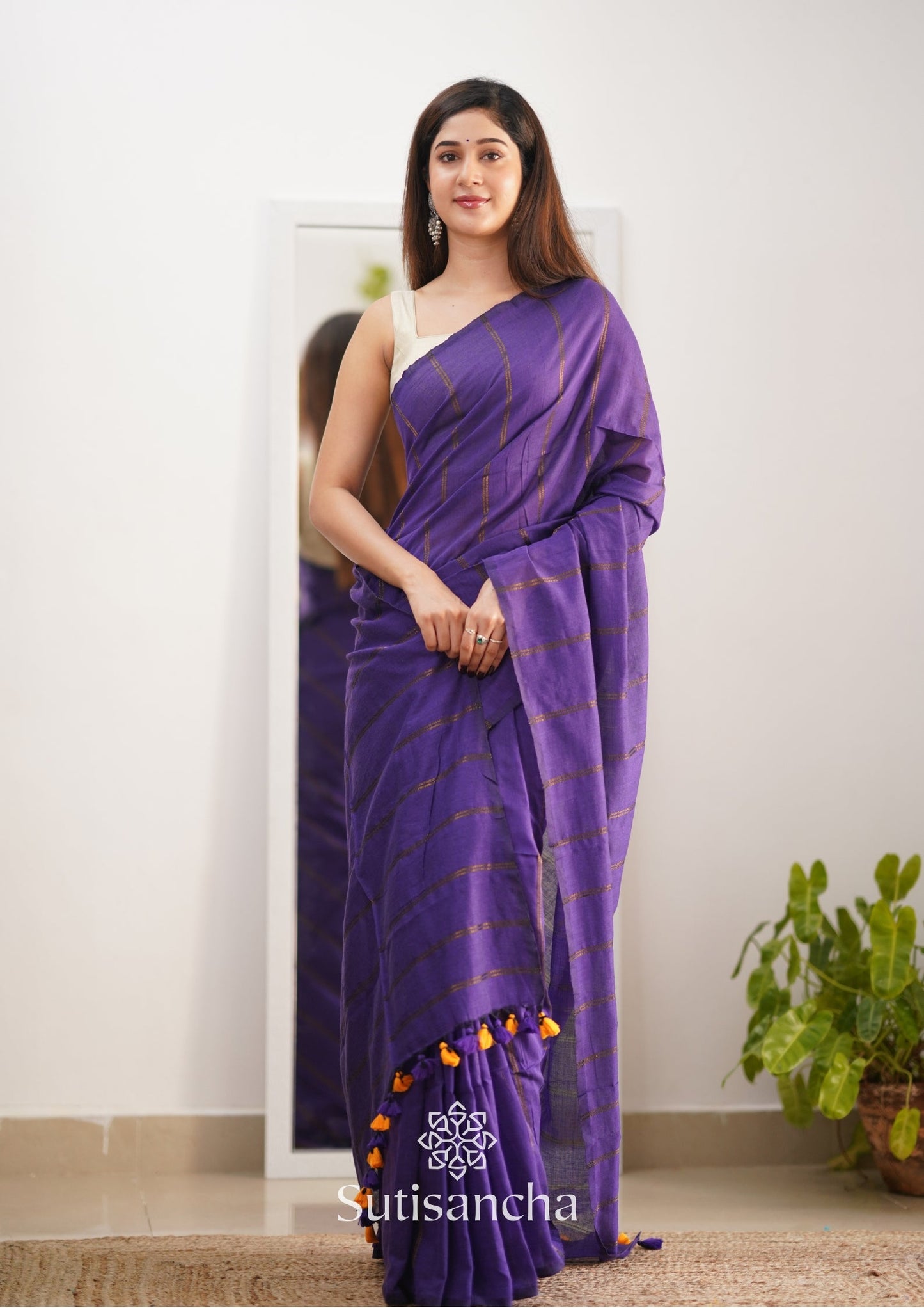 Dhiyona SS Sutisancha Purple Dual Zari Stripe Saree