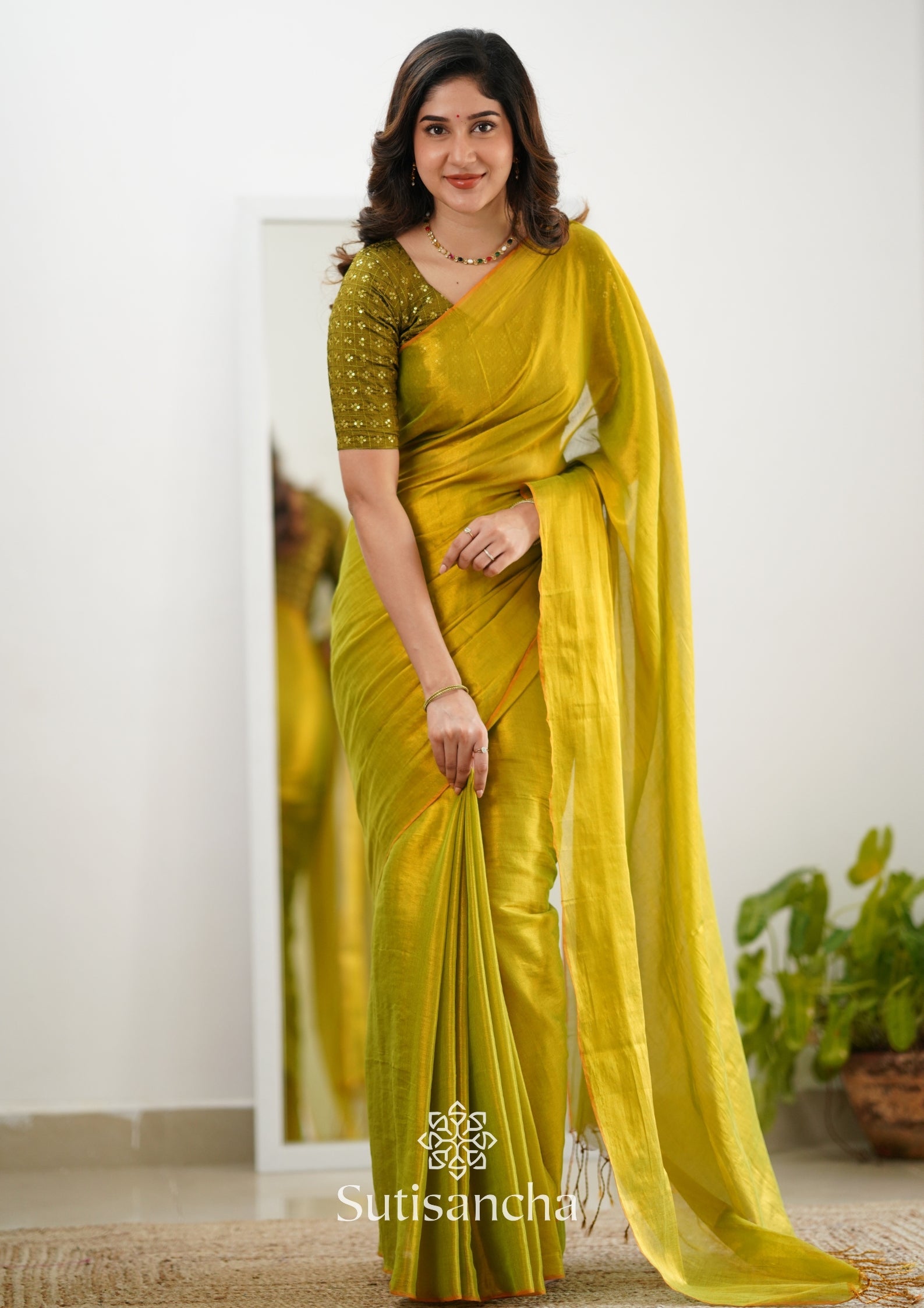 Dhiyona SS Sutisancha Lime Green Handloom Tissue Saree With Designer Blouse