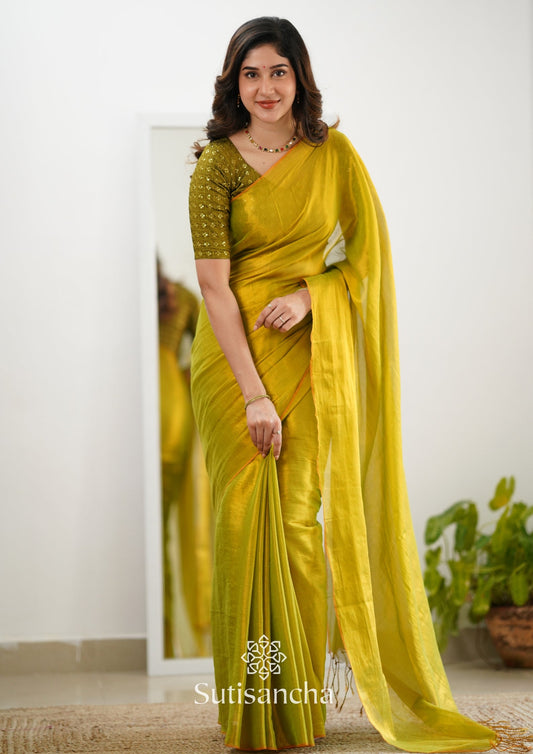 Dhiyona SS Sutisancha Lime Green Handloom Tissue Saree With Designer Blouse