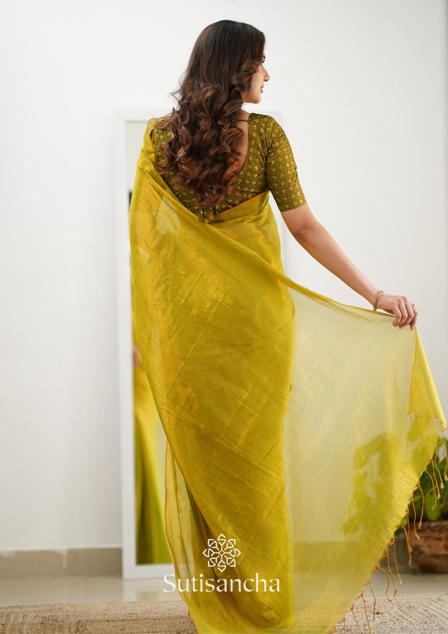Dhiyona SS Sutisancha Lime Green Handloom Tissue Saree With Designer Blouse