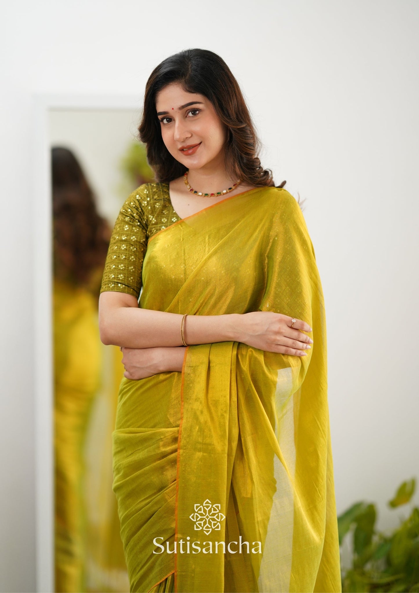 Dhiyona SS Sutisancha Lime Green Handloom Tissue Saree With Designer Blouse