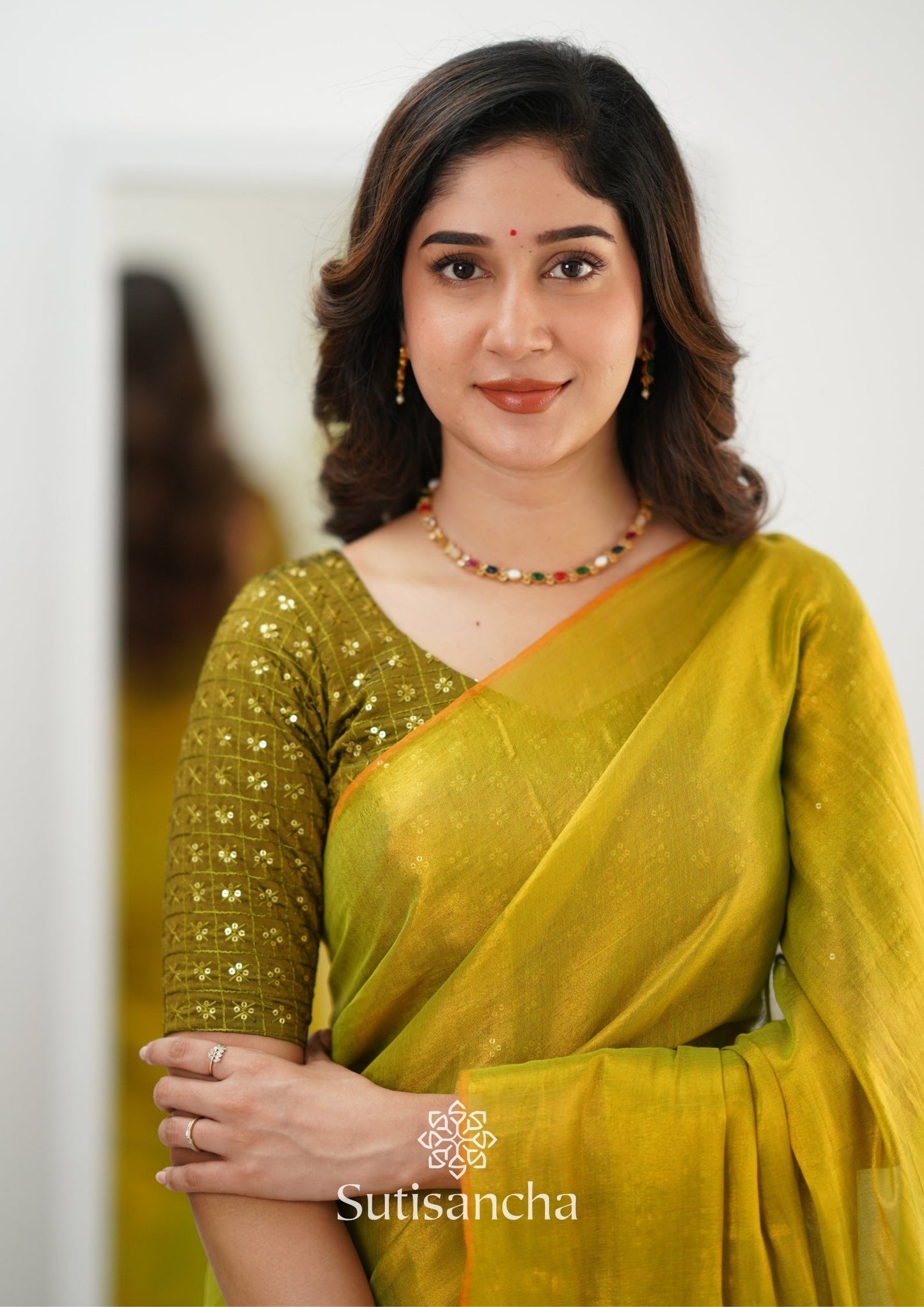 Dhiyona SS Sutisancha Lime Green Handloom Tissue Saree With Designer Blouse