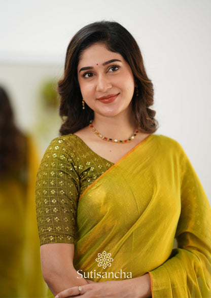 Dhiyona SS Sutisancha Lime Green Handloom Tissue Saree With Designer Blouse