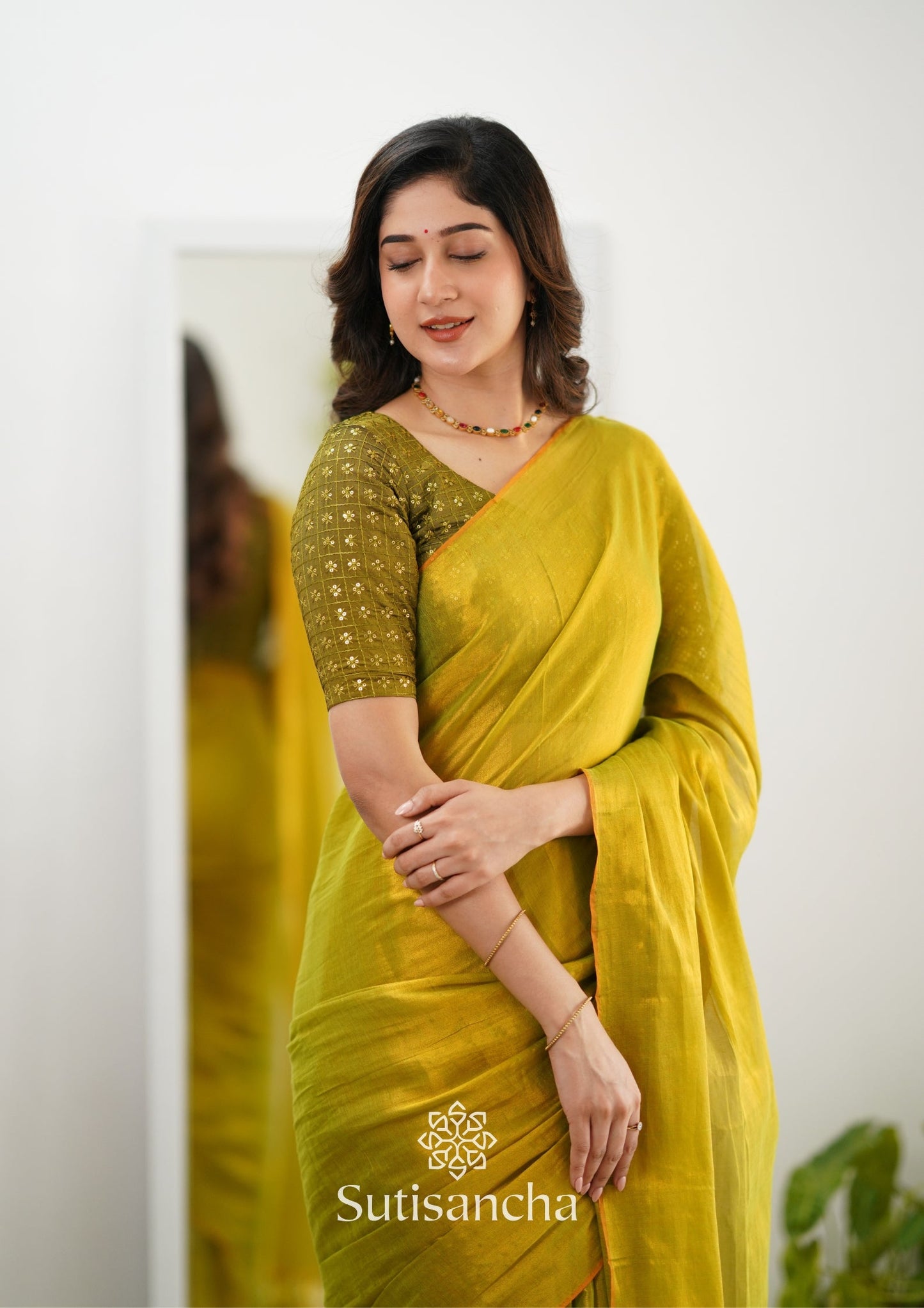 Dhiyona SS Sutisancha Lime Green Handloom Tissue Saree With Designer Blouse