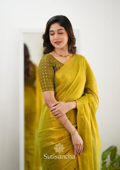 Dhiyona SS Sutisancha Lime Green Handloom Tissue Saree With Designer Blouse