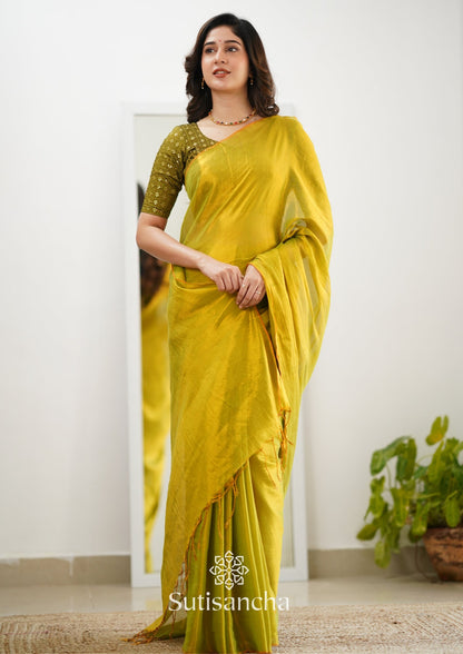 Dhiyona SS Sutisancha Lime Green Handloom Tissue Saree With Designer Blouse