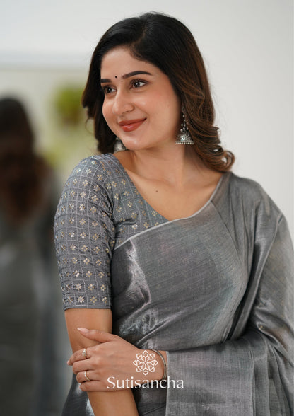 Dhiyona SS Sutisancha Grey Handloom Tissue Saree With Designer Blouse