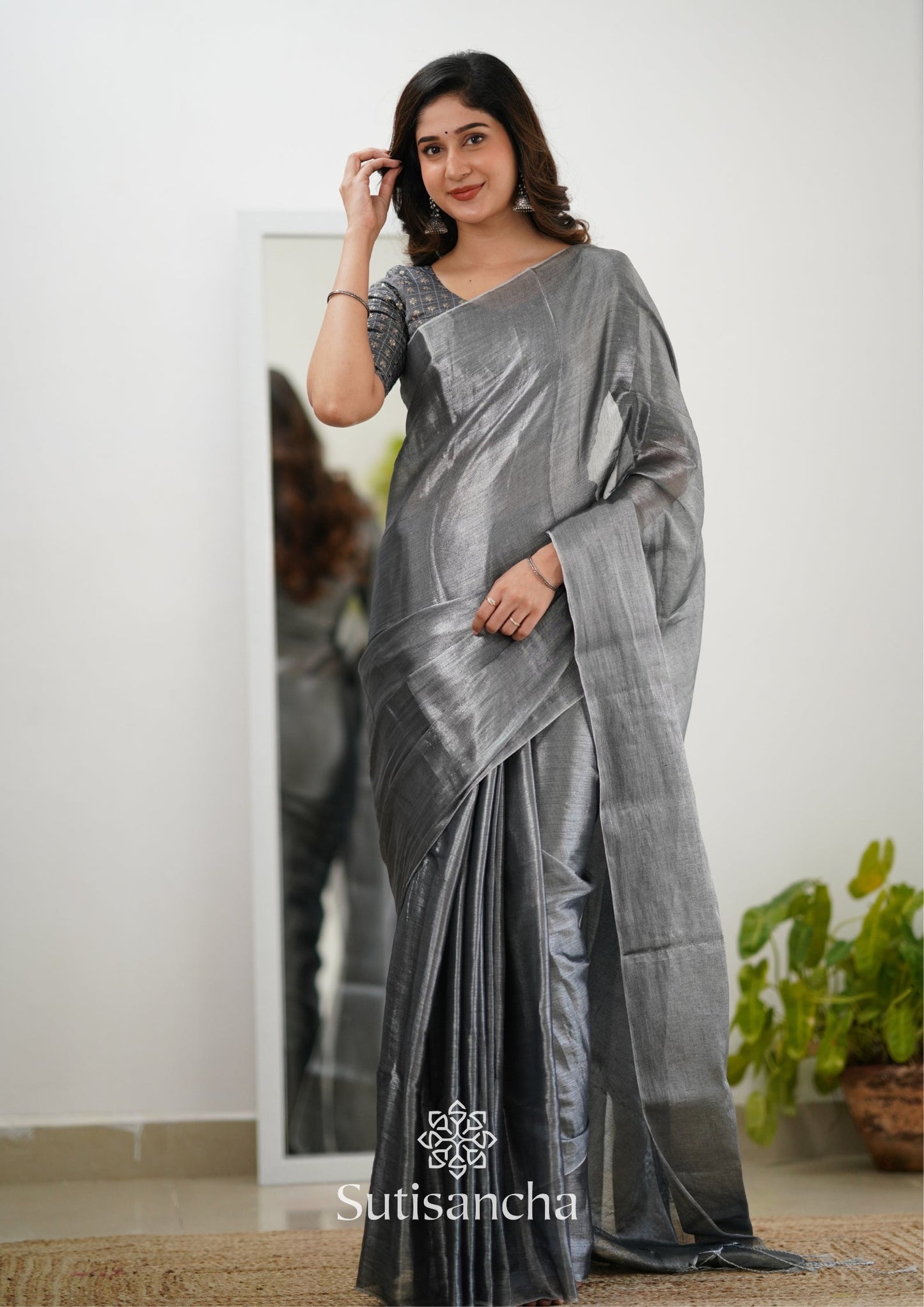 Dhiyona SS Sutisancha Grey Handloom Tissue Saree With Designer Blouse