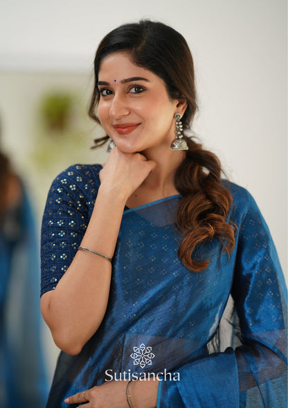 Dhiyona SS Sutisancha Indigoblue Handloom Tissue Saree With Designer Blouse