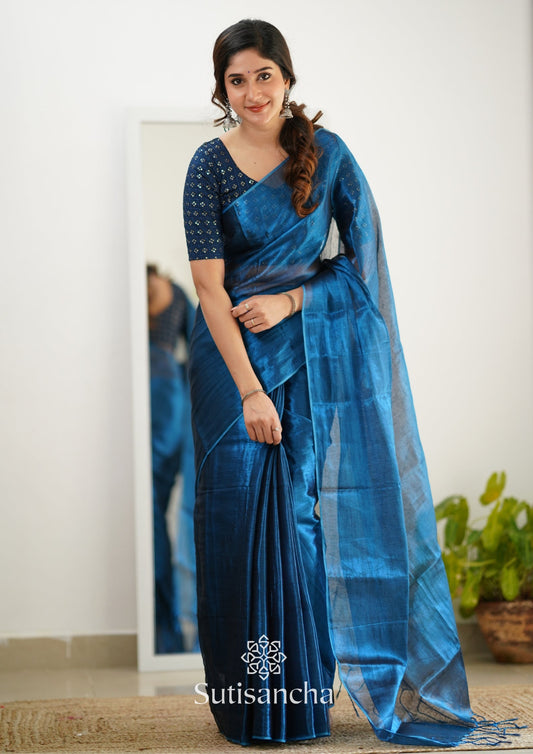 Dhiyona SS Sutisancha Indigoblue Handloom Tissue Saree With Designer Blouse