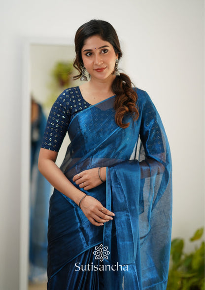 Dhiyona SS Sutisancha Indigoblue Handloom Tissue Saree With Designer Blouse