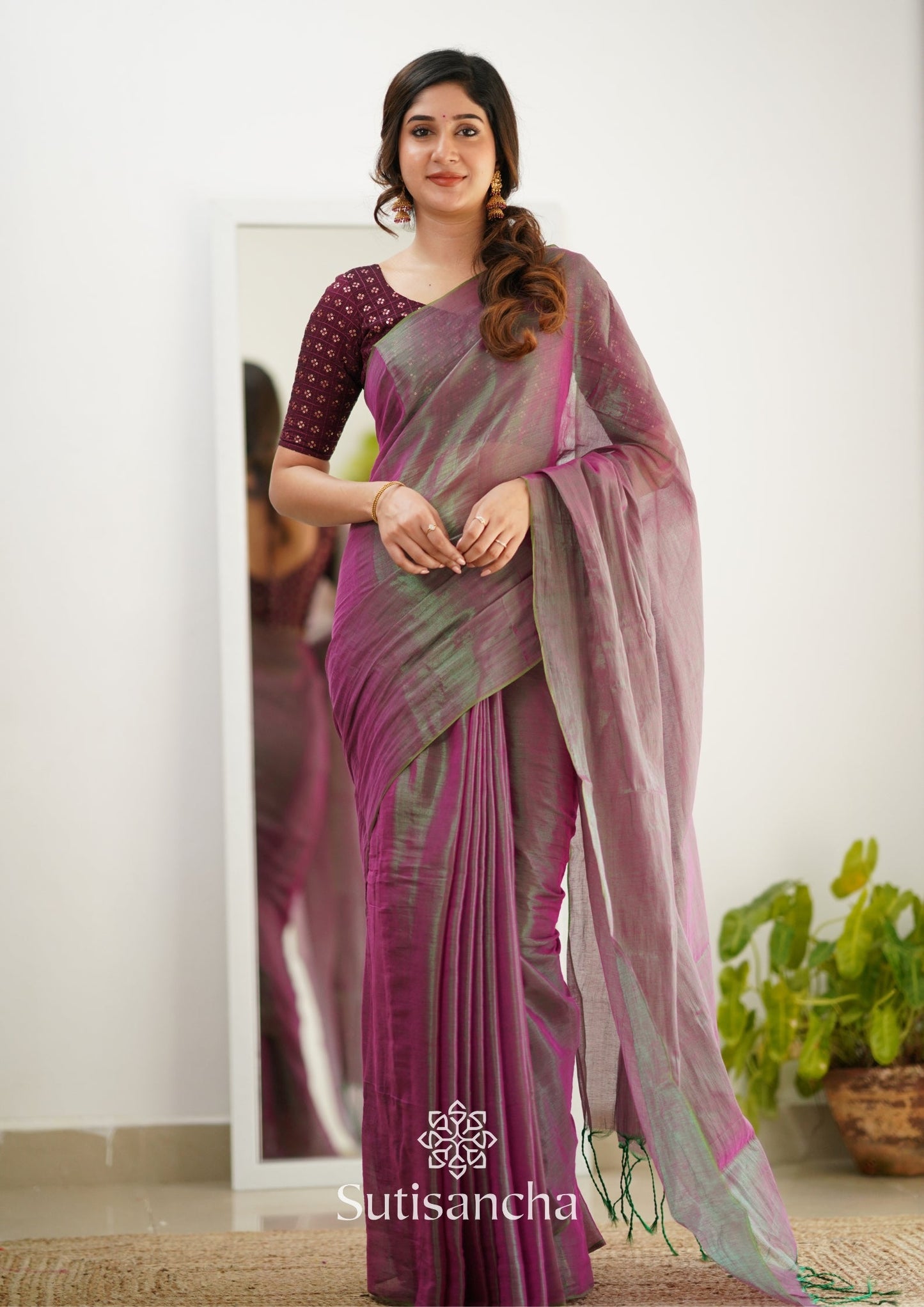 Dhiyona SS Sutisancha Onionpink Handloom Tissue Saree With Designer Blouse