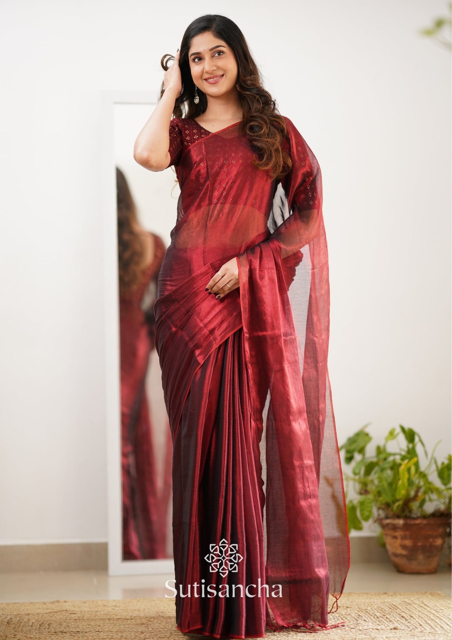 Dhiyona SS Sutisancha Maroon Handloom Tissue Saree With Designer Blouse
