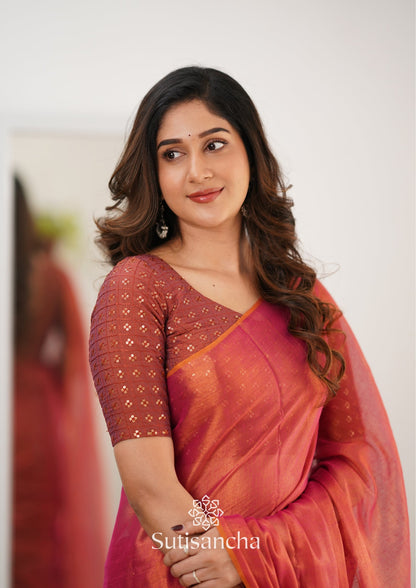 Dhiyona SS Sutisancha Peach Handloom Tissue Saree With Designer Blouse