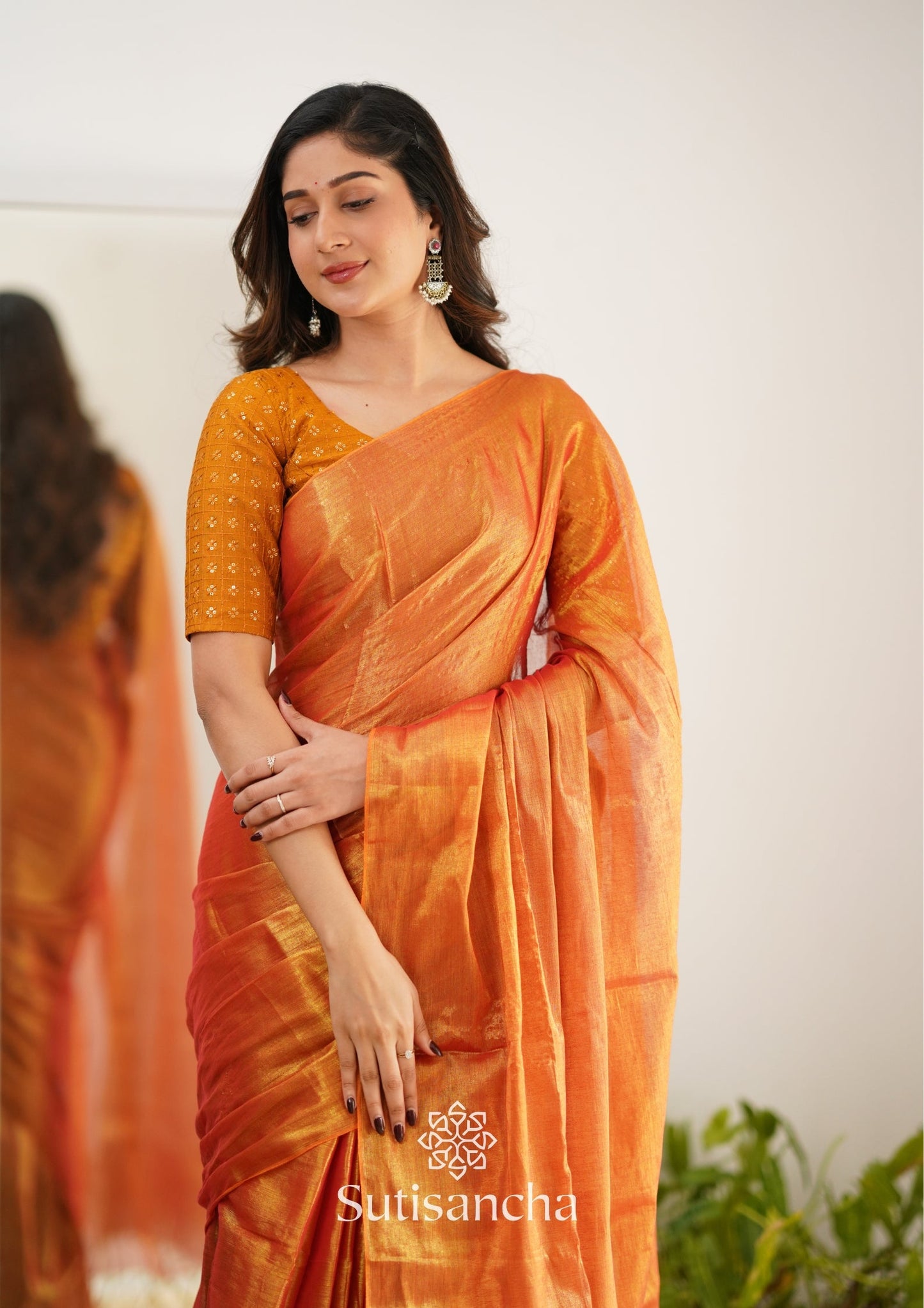 Dhiyona SS Sutisancha Orange Handloom Tissue Saree With Designer Blouse
