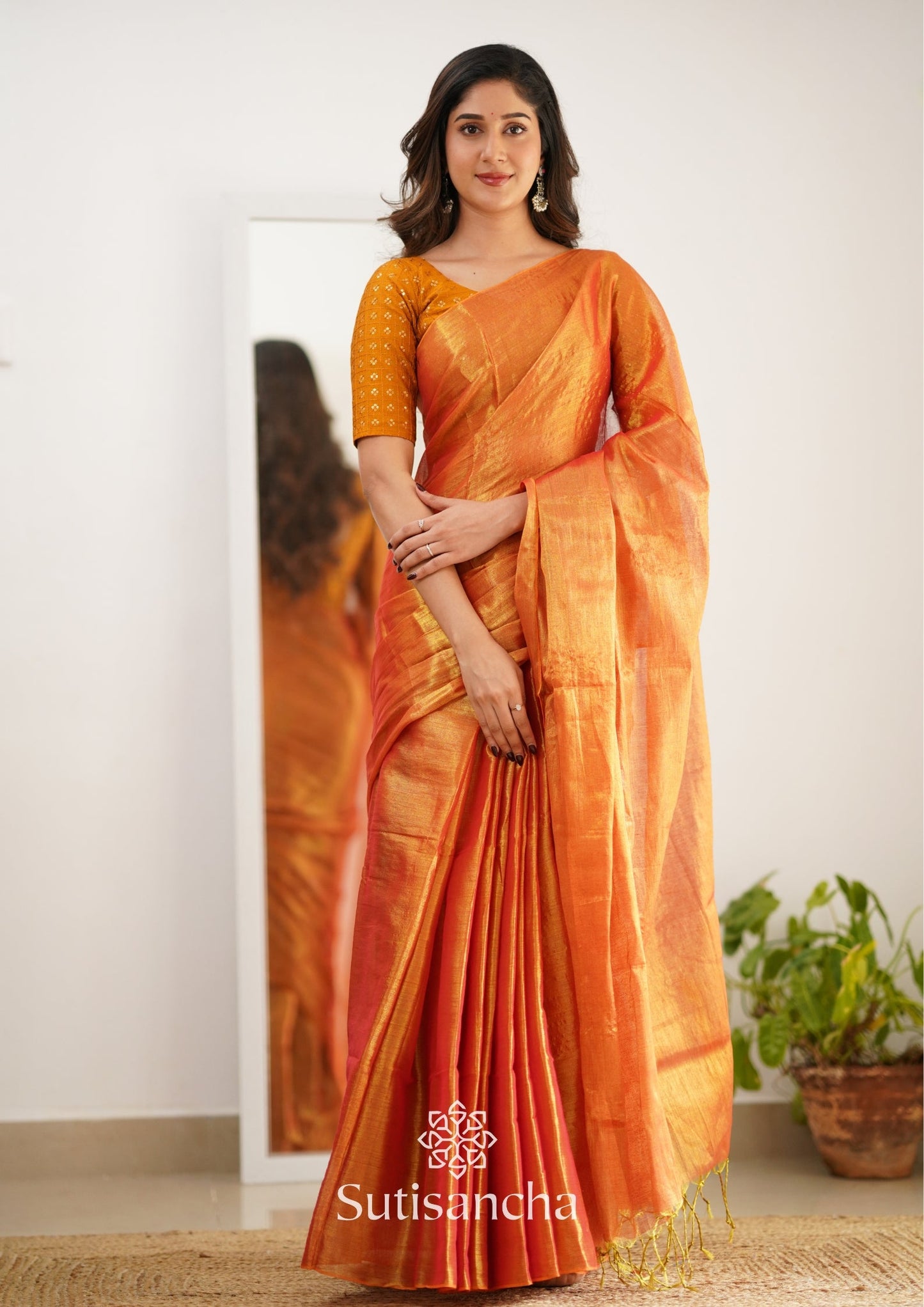 Dhiyona SS Sutisancha Orange Handloom Tissue Saree With Designer Blouse
