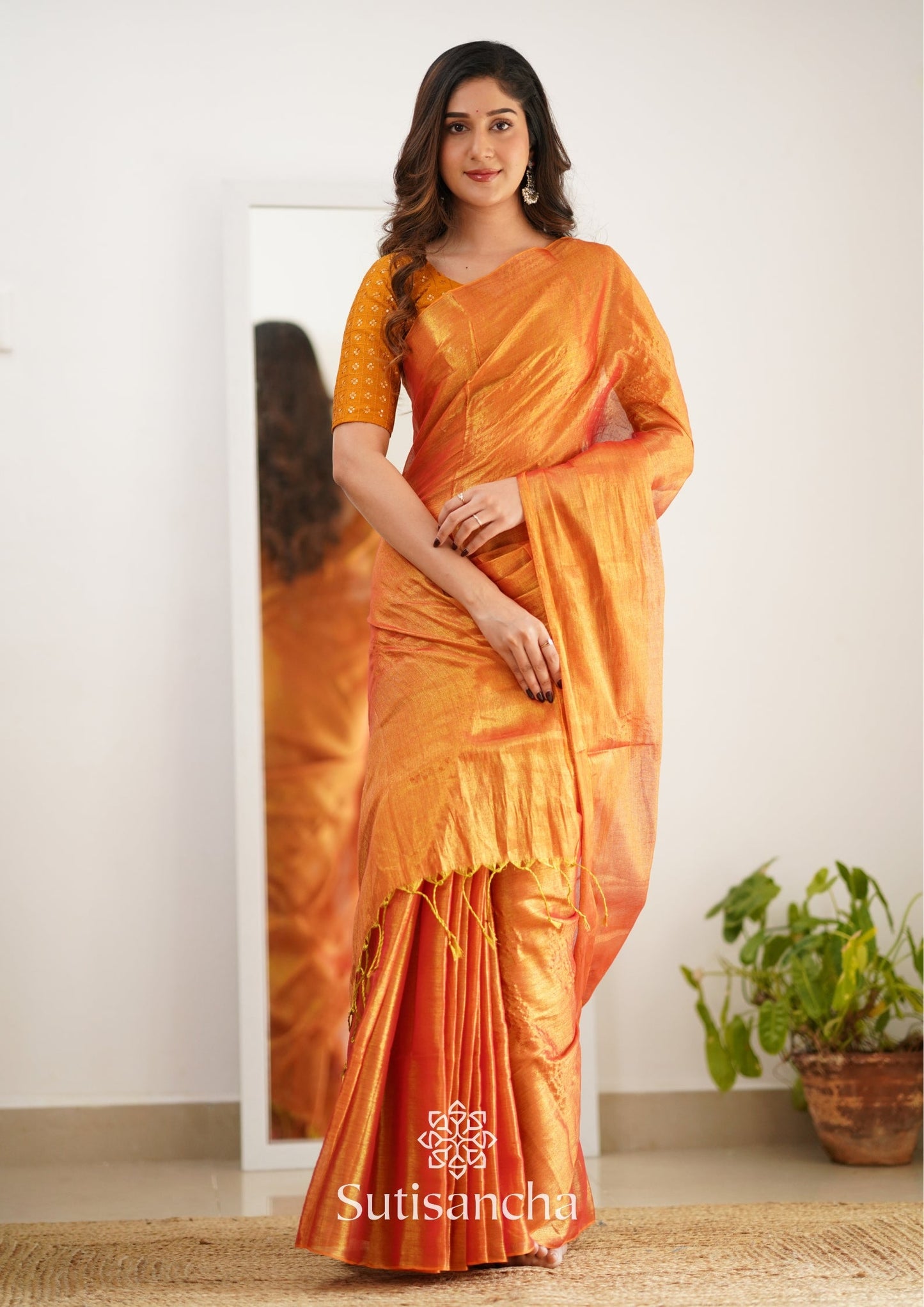 Dhiyona SS Sutisancha Orange Handloom Tissue Saree With Designer Blouse