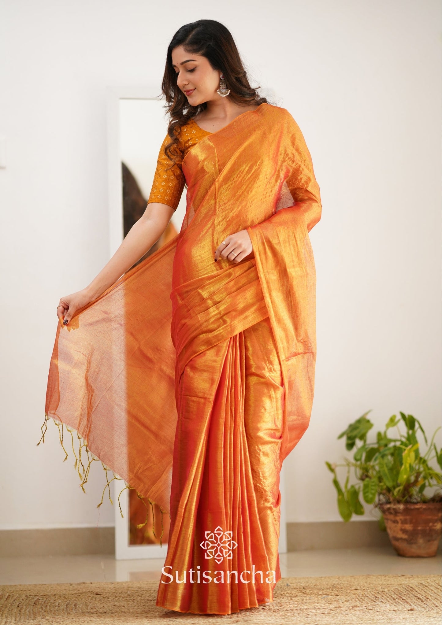 Dhiyona SS Sutisancha Orange Handloom Tissue Saree With Designer Blouse